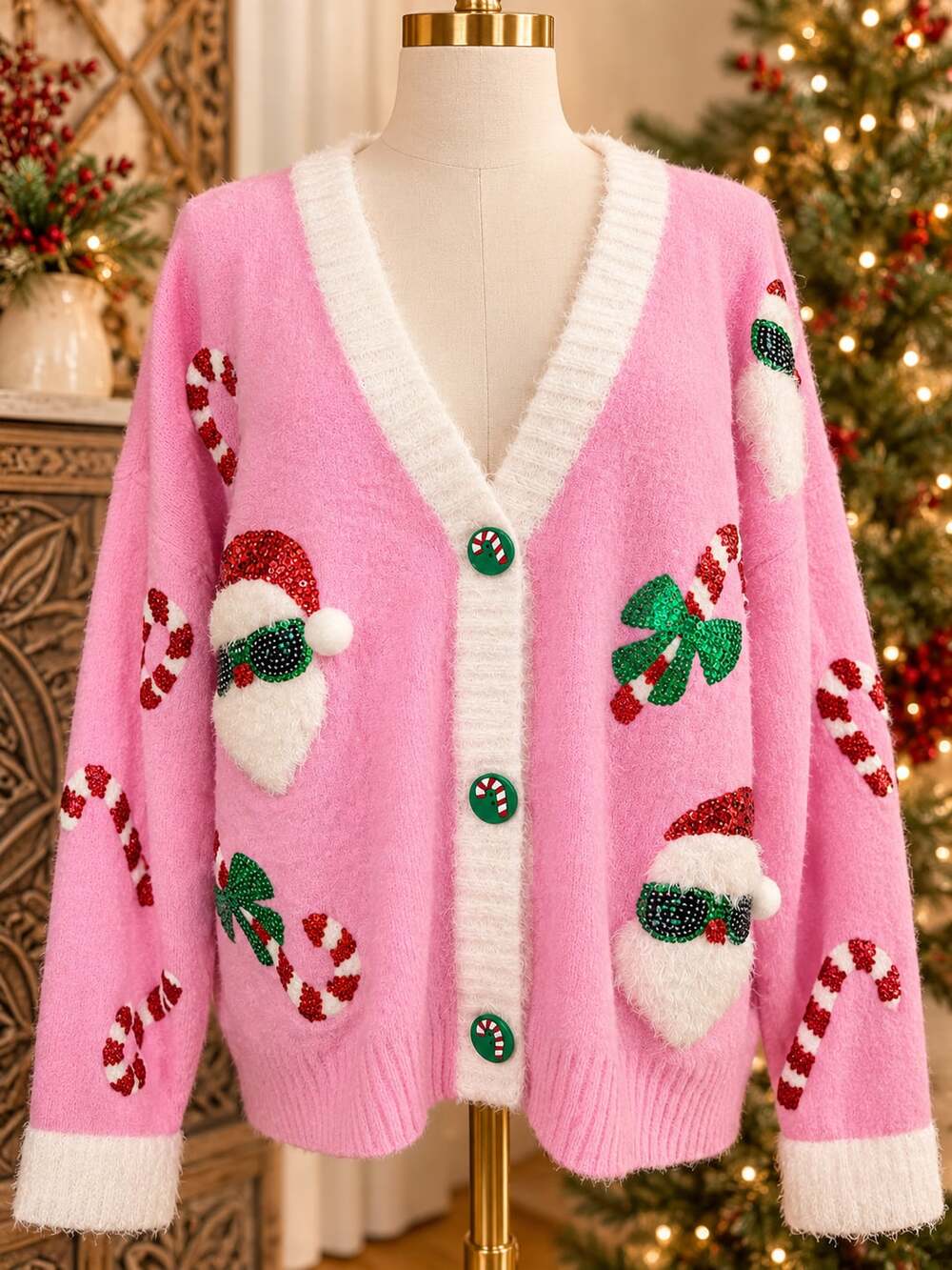 Lolmot Ugly Christmas Cardigan Pink Sequin Santa Candy Cane Sweater
